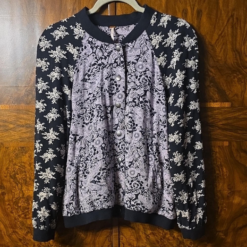 Free People Black and White Floral Bomber Jacket